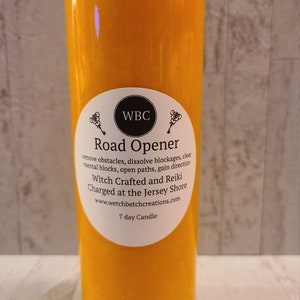 Road Opener, 7 day prayer candle, scented soy intention candle with crystals and herbs, for aiding in removing obstacles, blockages