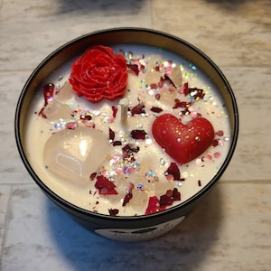 8oz Love and Light Soy Intention Candle, for self love, love spells, healing, rose quartz crystal candle with floral scent, handmade