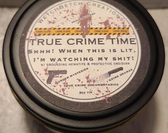 True Crime Candle: Hematite & Obsidian Crystals, 8oz Soy Tin