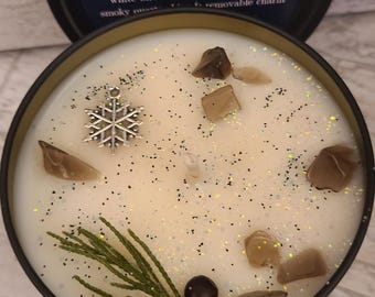 Winter Solstice, white birch scented soy intention candle with smoky quartz crystals & charm