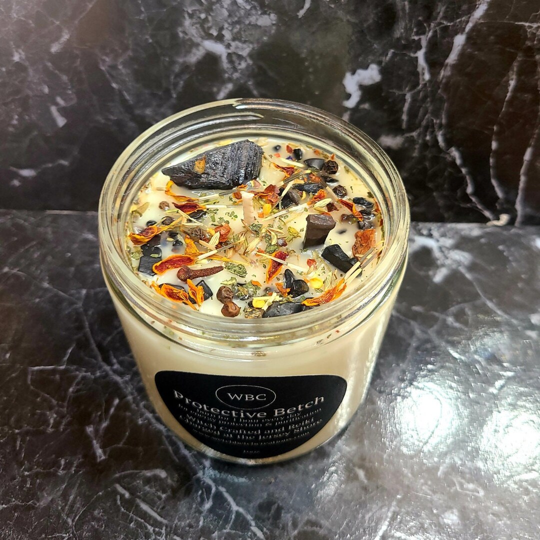 Protective Betch, Unscented Soy Candle With Crystals for Energy