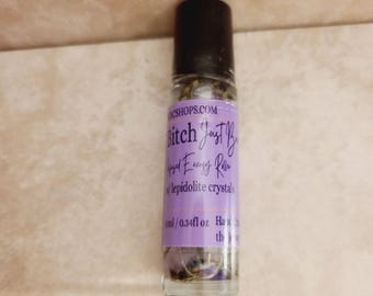 Bitch Just Breathe Lavender scented crystal infused essential oil roller.