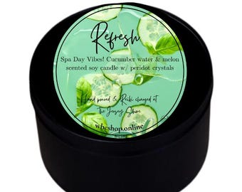 Refresh, cucumber water & melon scented soy intention candle with peridot crystals