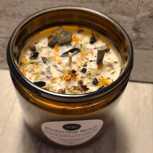 Protective Betch, unscented soy candle with crystals for energy protection, with herbs and black tourmaline, empath & energy sensitive aid