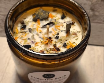 Protective Betch, Energy Protection Candle: Black Tourmaline, Herbs, Unscented Soy (16oz)