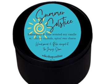 Summer Solstice, lime and lemongrass scented soy intention candle with citrine crystals