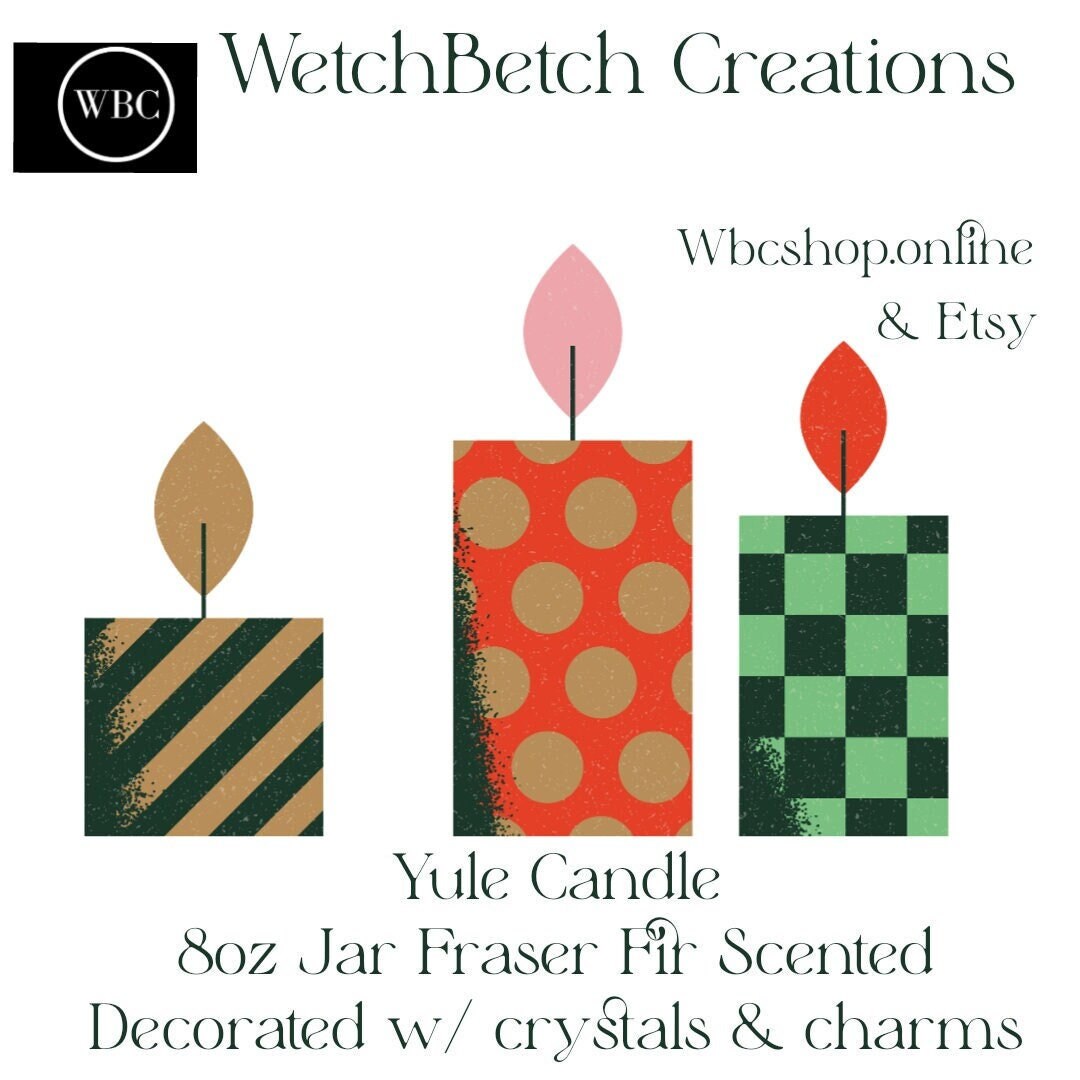 Yule Tree, Fraser Fir Scented 8oz Candle With Charms, Crystals to