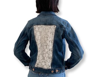 Upcycled Blue Jean Jacket, white lace patchwork, S.