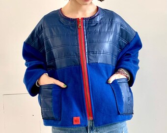 Royal Blue Jacket L, Red zip front with 2 pockets, Wool, warm and cozy. One of a kind crop jacket.