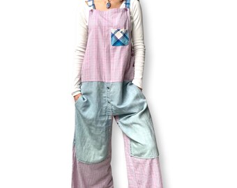Up-cycled Jumpsuit, Overall in light blue denim and cotton checkered pink and white cotton. M-L