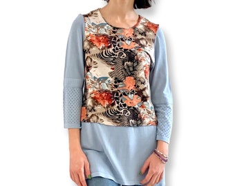 Up-cycled knit Tunic in light blue and multi colour floral.