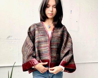 Handmade Velvet multi colour striped jacket with magenta velvet wide trimming. Cropped jacket XL. Mother’s Day gift.
