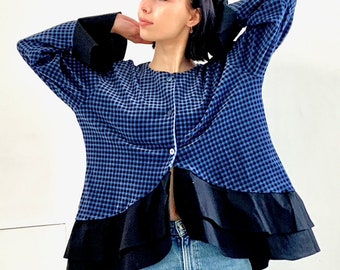 Up-cycled comfy tunic top L, checked black and blue velvet, button front, black ruffled 2 layers.