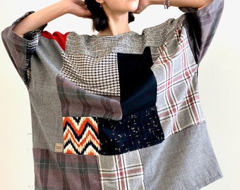 Patchwork Up-cycled tunic dress, cotton & wool fabrics in different patterns, deadstock fabric, boho, rustic, M-XL