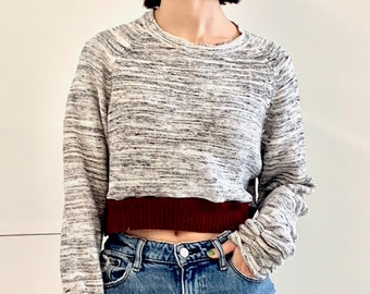 Up-cycled Boho knit Crop Top in Grey with dark red rib trim. Fits XL.