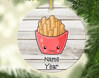 French Fries Ornament - Personalized Ceramic Ornament - Name Date - Porcelain - Holiday Decorations - Custom - Fast Food - Ornament For Kids