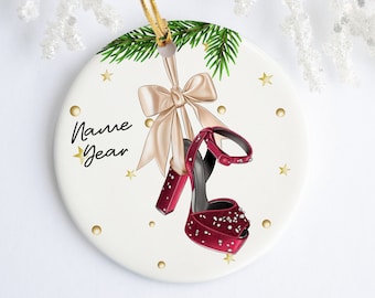 Red Fashion Shoe Personalized Ceramic Ornament - Porcelain - Holiday Ornament - Christmas - Name Year - Custom Ornament - High Heel - Strap