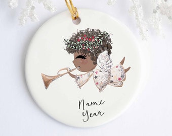 Ornement personnalisé d’ange aux cheveux bruns - Céramique - Porcelaine - Ornement de Noël - Noël - Année de nom - Ornement personnalisé - Ange de Noël