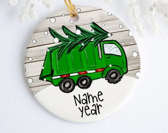 Personalized Garbage Truck Ornament - Ceramic - Porcelain - Holiday Ornament - Christmas - Name Year - Custom Ornament - Green Truck