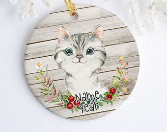 Grey & White Kitten Personalized Ornament - Ceramic - Porcelain - Holiday Ornament - Christmas - Name Year - Custom Ornament - Cat