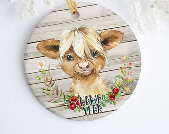 Highland Cow Personalized Ornament - Ceramic - Porcelain - Holiday Ornament - Christmas - Name Year - Custom Ornament