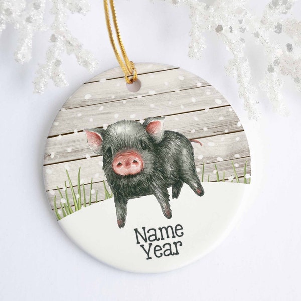 Pig Personalized Ornament - Ceramic - Porcelain - Holiday Ornament - Christmas - Kids Ornament - Christmas Decor - Black Piglet