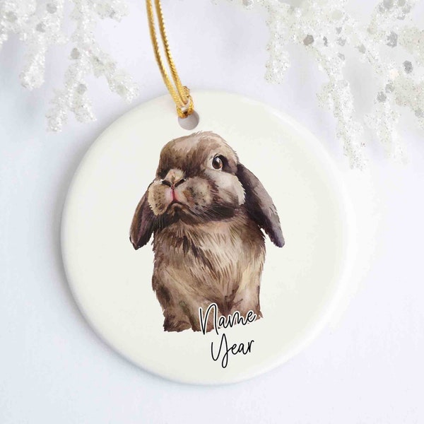 Brown Lop Rabbit Personalized Ornament - Ceramic - Porcelain - Holiday Ornament - Christmas - Name Year - Bunny Ornament