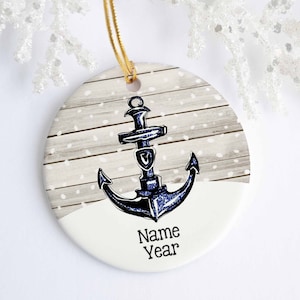 Personalized Anchor Ornament - Ceramic - Porcelain - Holiday Ornament - Christmas - Name Year - Custom Ornament - Sea - Ocean - Navy