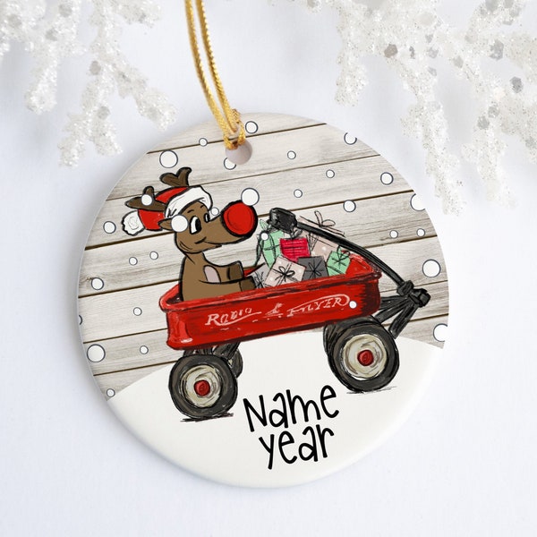 Reindeer Wagon Personalized Ceramic Ornament - Porcelain - Holiday Ornament - Christmas - Name Year - Custom Ornament - First Christmas