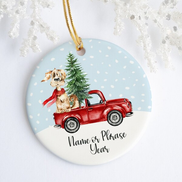 Cute Brown Dog In Red Truck Personalized Ornament - Christmas - Ceramic - Holiday - Christmas - Puppy Ornament - Gift For Dog Lover - Child