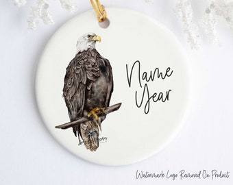 Bald Eagle Personalized Ornament - Ceramic - Porcelain - Holiday Ornament - Christmas - Name Year - Bird Ornament - Patriotic