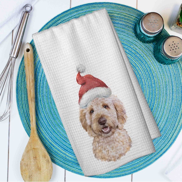 Medium Goldendoodle Christmas Decorative Microfiber Kitchen Dish Towel - Holiday Coffee Bar Decor - Doodle Dog Holiday GIft