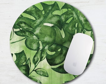 Jungle Leaf Faux Wood Mouse Pad - Fabric Mouse Pad - Green - Foliage - Tropical Decor - Desk Mat - Round Mouse Pad - Monstera - Banana Leaf