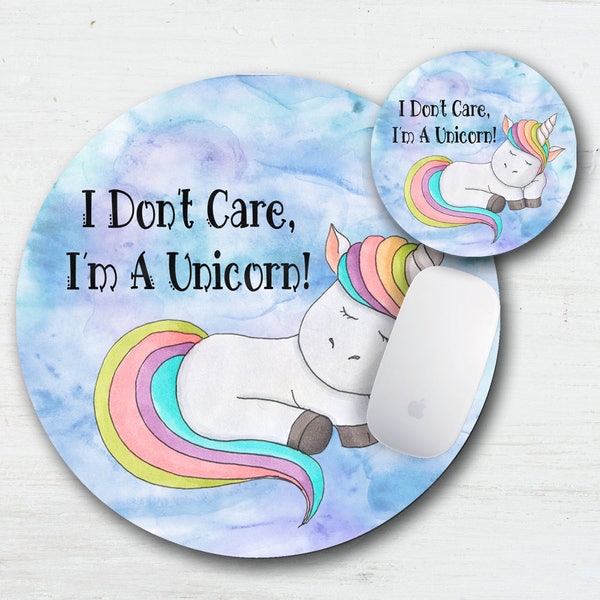 I Don't Care I'm A Unicorn! Mouse Pad Coaster Set - Magical - Rainbow - Mythical Creature - Unicorn Desk Accessories - Round Thick Mouse Pad