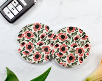 Farmhouse Floral Sandstone Car Coaster - New Car Driver - Cup Holder Coaster - Floral Decor - Flowers - Pretty Car Gift - Absorbent