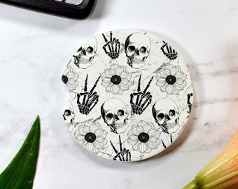 Skellie Skeleton Flower Black and White Car Cup Holder Coaster