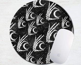 Witchy Moon Skeleton Hands Mouse Pad - Fabric Mouse Pad - Desk Mat - Round Mouse Pad - Home Office - Magick - Halloween - Celestial