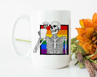 Rainbow Skeleton Coffee Ceramic Mug | 15 oz | Microwave and Dishwasher Safe Ceramic Cup | Office Mug | LGBQT Gift | Gift For Coffee Drinker