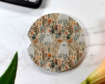 Ghost Flowers Embroidery Car Cup Holder Coaster - Ghost Car Coaster - Cute Ghost Car Gift - Retro Car Coaster - Halloween Coaster