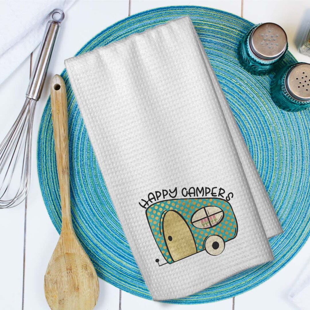 Happy Camper Dish Towel Microfiber Home Decor Kitchen Waffle Weave