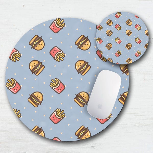 Burger And Fry Mouse Pad Coaster Set - Kawaii Fast Food - Cute Food Decor - Retour à l’école - Hamburger Français Fries - Cartoon Food - Bureau