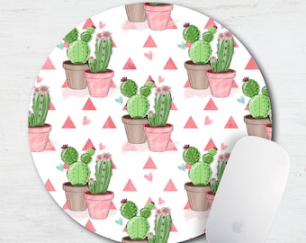 Cactus Watercolor Mouse Pad, Fabric Mouse Pad, Desk Set, Office Set, Round Mouse Pad, Cacti, Potted Cactus, Pink, Hearts, Office Gift