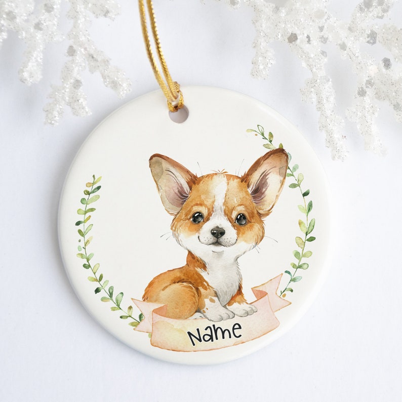 Personalized Black Tri Welsh Corgi Ornament Ceramic Porcelain Holiday Ornament Christmas Name Custom Ornament Dog Ornament Red & White