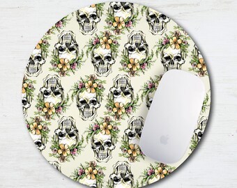 Tropical Floral Skull Print Mouse Pad - Fabric Mouse Pad - Desk Set - Office Set - Round Mouse Pad - Floral Skulls - Skeleton - Flower