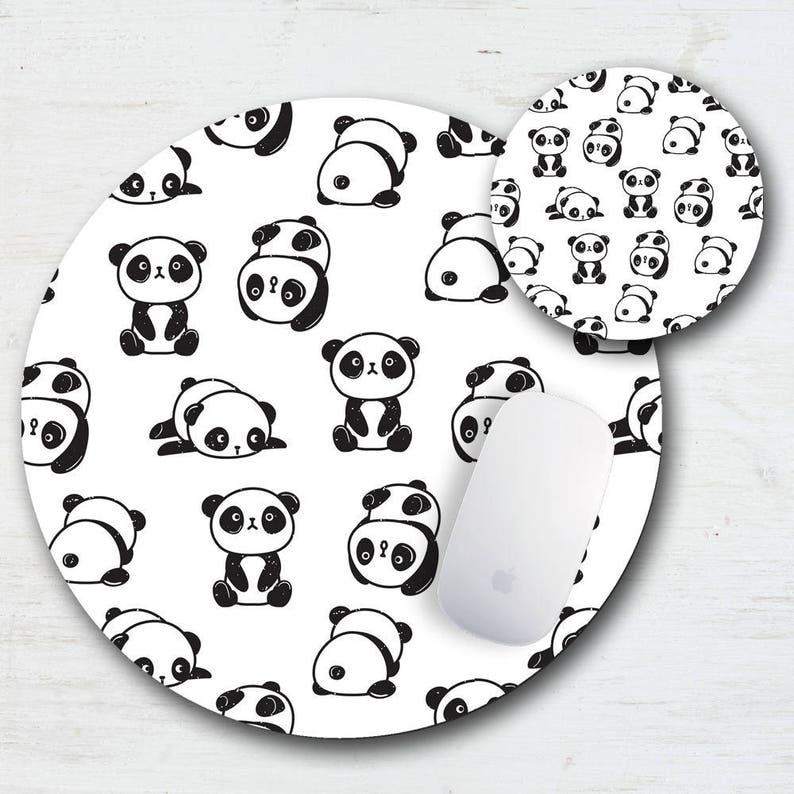 Panda Bear Desk Set Fabric Mouse Pad Office Coaster Round Cute Pandas Animal Print Cartoon Cub
