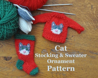 Cat Christmas Stocking and Sweater Ornaments Knitting Pattern