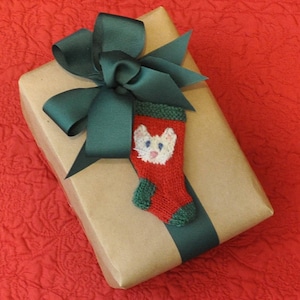 White Cat Christmas Stocking Ornament  Hand Knit Stocking Ornament