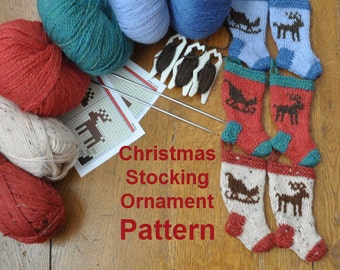 Sleigh & Reindeer Christmas Stocking Ornament Knitting Pattern