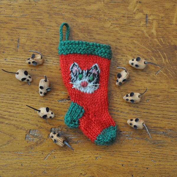 Grey & Black Tabby Cat Christmas Stocking Ornament  Hand Knit