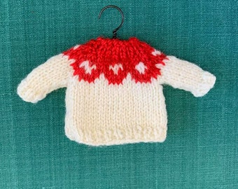 Red and White Scallop Yoke Hand-Knit Sweater Ornament Scandinavian-inspired